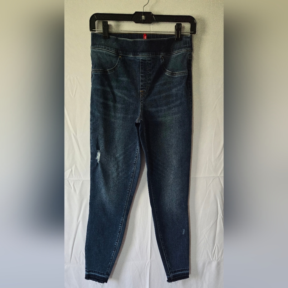 3/$25! SPANX Blue Denim Elastic Waist Distressed Jeans Size Medium